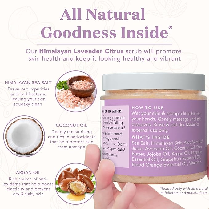 Bare Botanics Lavender Grapefruit Body Scrub 24 oz - Naturally Scented Himalayan Salt Scrub Made in Madison WI - Formulated w/Skin Loving Moisturizers - Cruelty Free Exfoliator w/a Cute Wooden Spoon