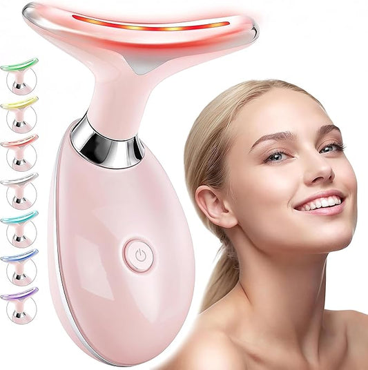 Red Light Therapy for Face & Neck Facial Massager - luminesce 7-in-1 L-E-D Facial Sculptor, True Beauty Glow, Lymphatic Drainage Massager, Double Chin Reducer, Face Lift, Gua Sha Tool, Pink, Biidey