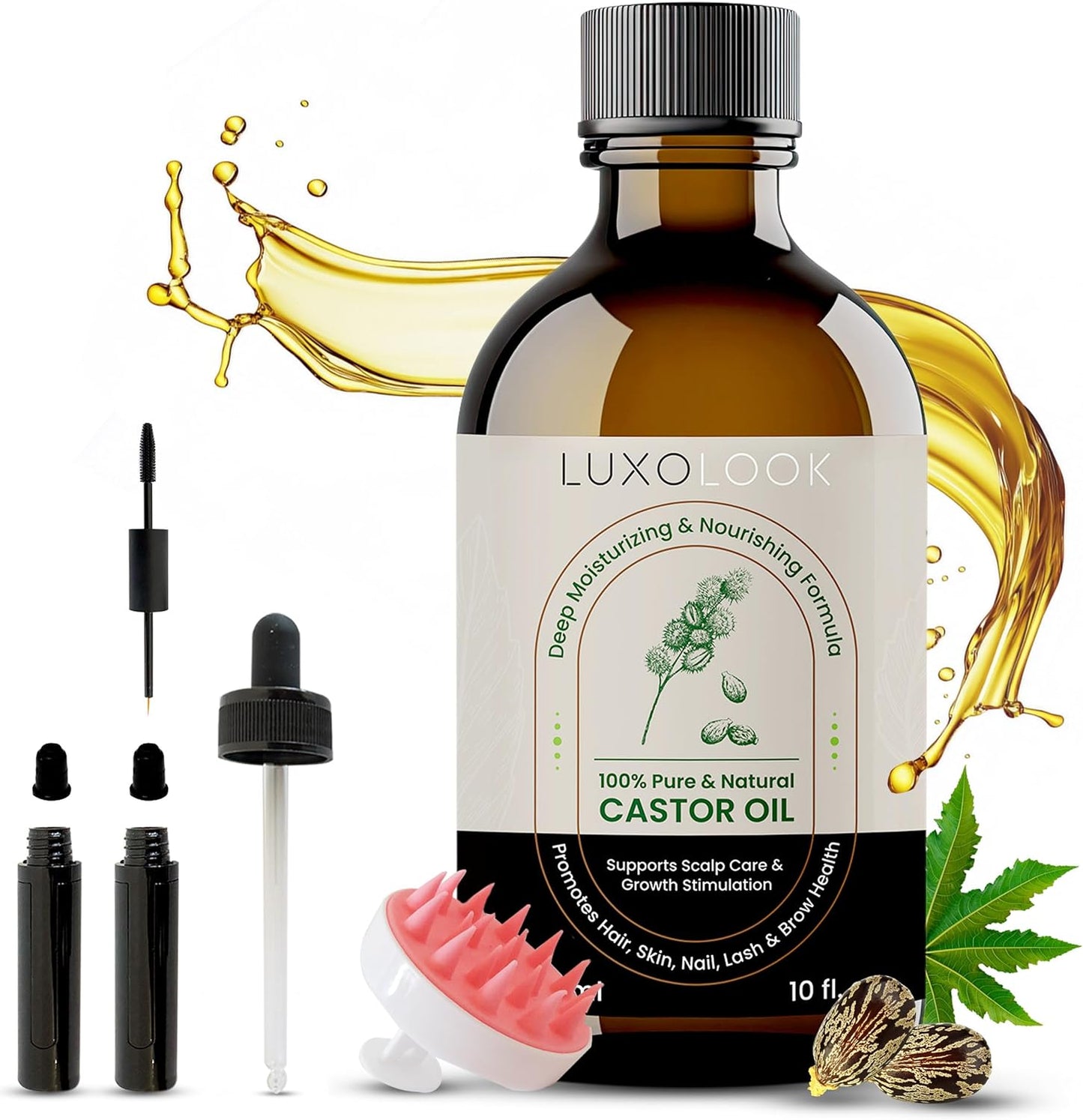 Pure Castor Oil - Cold Pressed 100% Castor Oil for Hair Growth, Skin, Eyebrows, Eye Lashes, Nails & Cuticles - Hexane Free, Natural & Unrefined - Includes Dual Mascara, Dropper & Scalp Massager