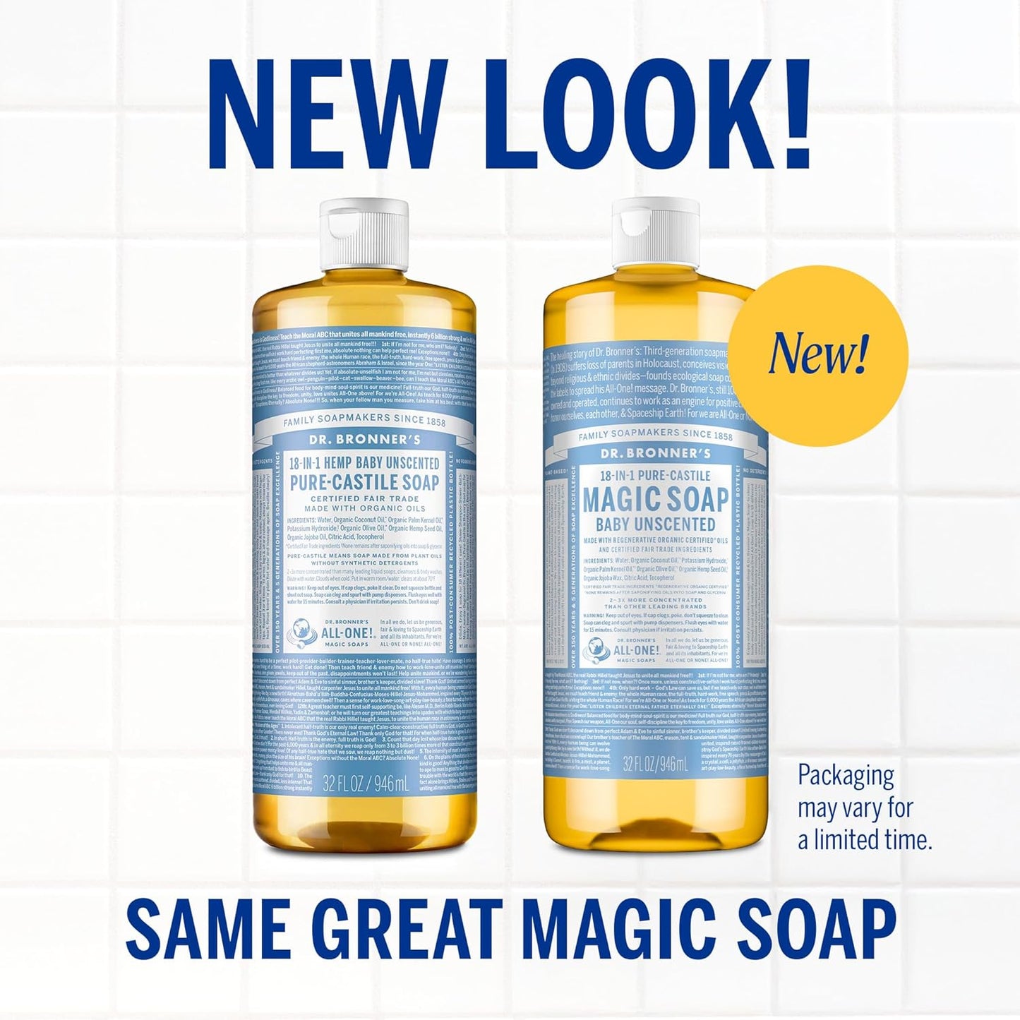 Dr. Bronner's Pure-Castile Magic Liquid Soap - Made with Regenerative Organic Certified Oils - 18-in-1 Uses for Face, Body, Hand Gentle on Baby & Sensitive Skin Body Wash Unscented,32oz