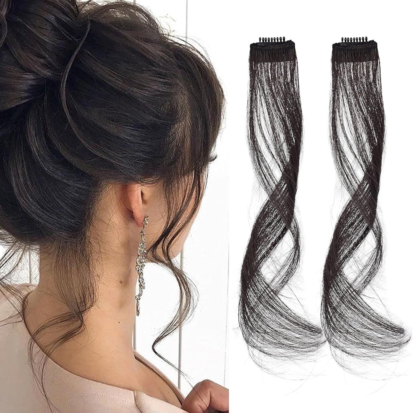 REECHO Long Side Air Bangs - Wavy Curly Clip in Curtain Front Side Bangs, Face-Framing Highlights for Women Daily Use, 2 PCS Set Long Temples - Black Brown