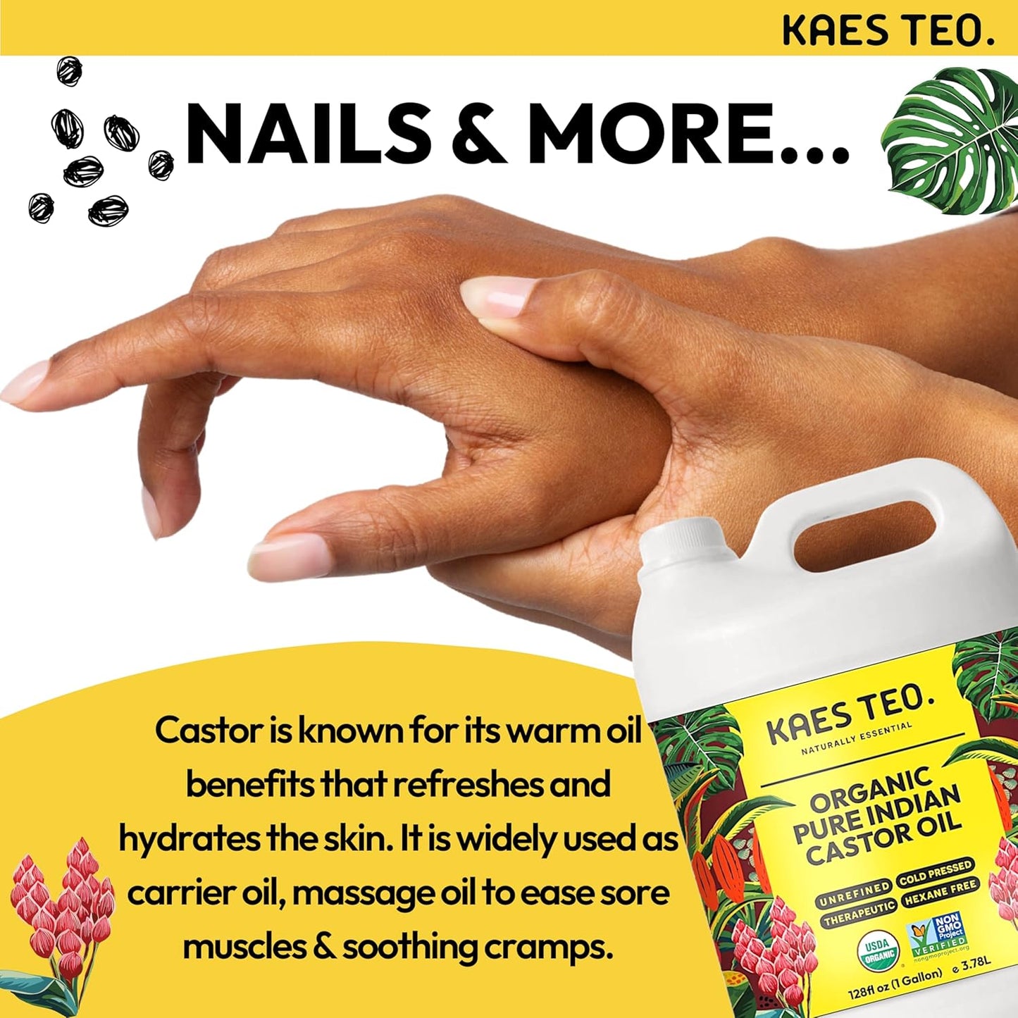 Organic Castor Oil 1 Gallon (128 fl oz) Bulk, 100% Pure Cold-Pressed, Hexane Free, Eyelash, Eyebrow & Hair Growth Serum, Skin Moisturizer, Massage, Hair Loss, Dandruff, Detox and Wraps