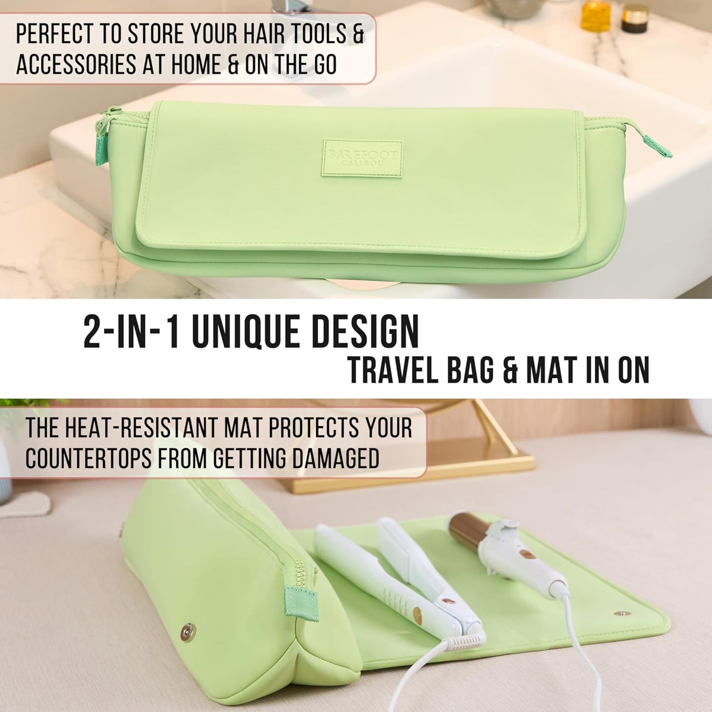 BAREFOOT CARIBOU Hair Tools Travel Bag and Heat Resistant Mat for Flat Irons, Straighteners, Curling Iron, and Haircare Accessories, 2-in-1 design, with Interior Pockets, Portable Organizer