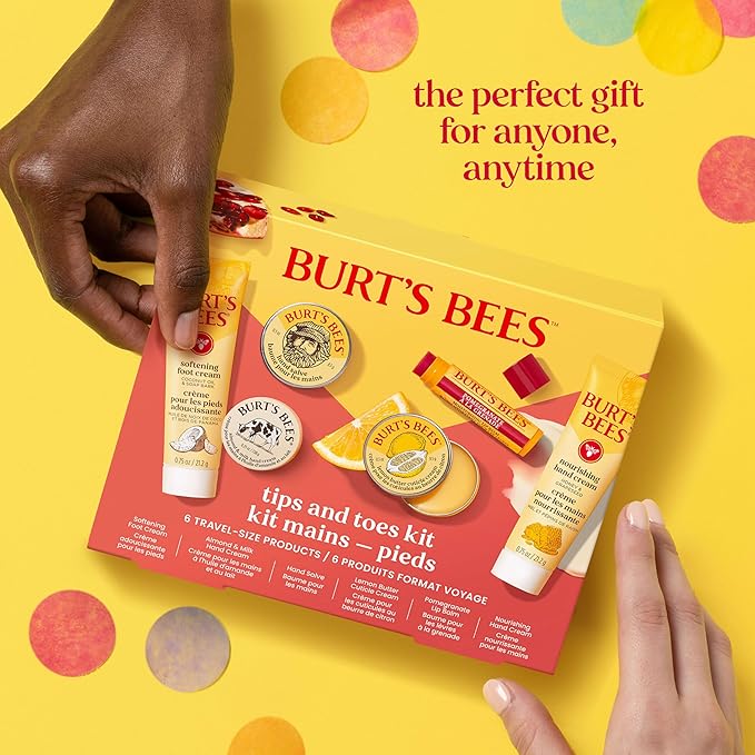 Burt's Bees Gifts Ideas, Tips and Toes Kit, 6 Travel Size Products - Pomegranate Moisturizing Lip Balm, 2 Hand Creams, Foot Cream, Cuticle Cream, and Hand Salve