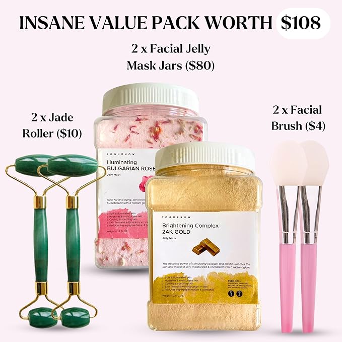 Jelly Face Mask for Facials - 24K Gold + Bulgarian Rose (Pack of 2) - Hydrating Glowing & Nourishing - Free Jade Roller & Spatula - Professional Hydrojelly Masks - Perfect for Vajacial - 46 Oz Jar