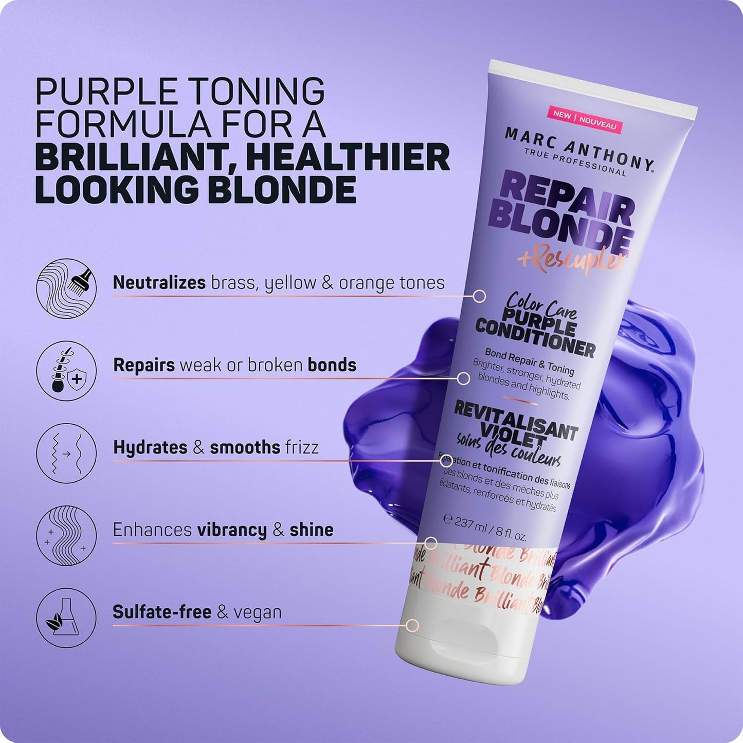 Marc Anthony Purple Conditioner, Repair Blonde Rescueplex Color Care - Neutralizes Brassy Tones and Repairs Bonds, 8oz