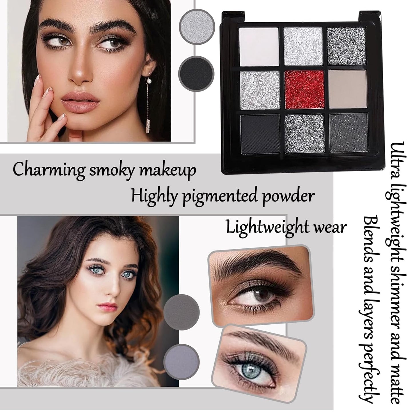 Black Grey Smoky Eyeshadow Palette,15 Colors Matte Shimmer Pigmented Eye Shadow Makeup Palette Set with 3 Eyeshadow Brushes,Glitter Eyeshadow Makeup Palette for Daily Halloween Goth Makeup(C)