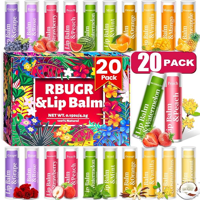 20 Pack Lip Balm, 12 Flavored Natural Lip Balm Bulk Set, Moisturizing Bulk Mini Balm Pack for Dry Cracked Lips,Hydrating for Gifts Party Favors(4.2g/0.15oz)