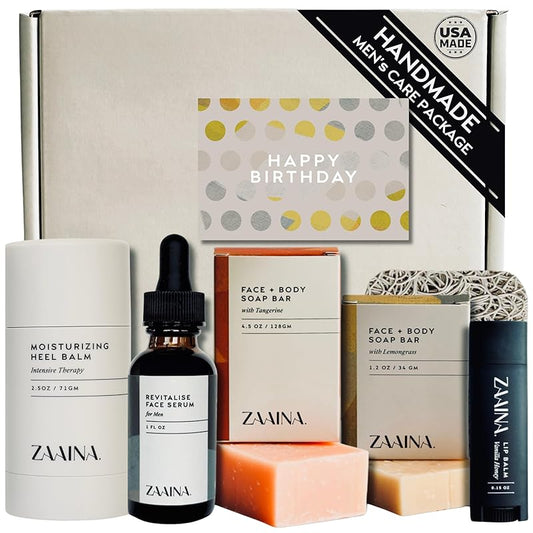 Men's Birthday Care Package with Birthday Card - Luxury Skincare Gift Set for Men - Men's Body Self Care Kit, Spa Basket Relaxing Birthday Gift, Men's Skin Care Routine Kit - by ZAAINA