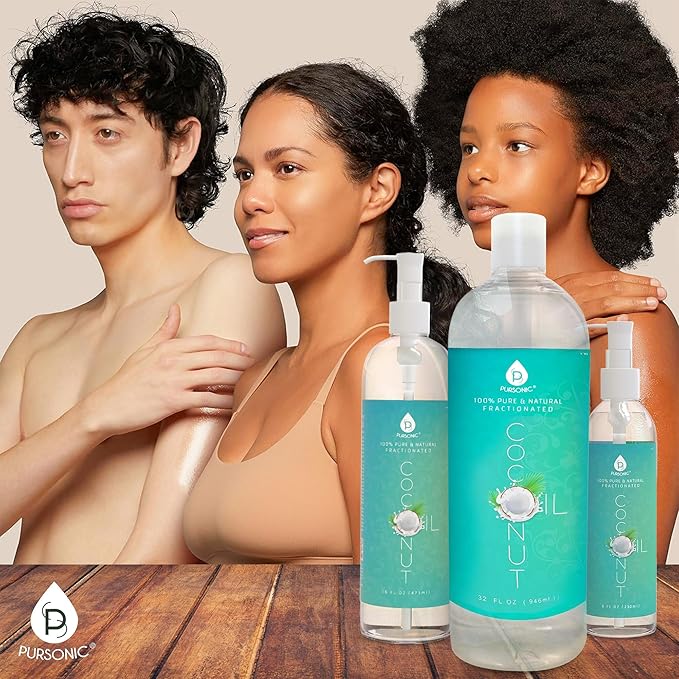 Pursonic Pure Unscented Fractionated Coconut Oil - 8 Oz Multipurpose Oil for Skin, Hair, Body Massage & Makeup Removal - Carrier Oil for Essential Oils and Aromatherapy