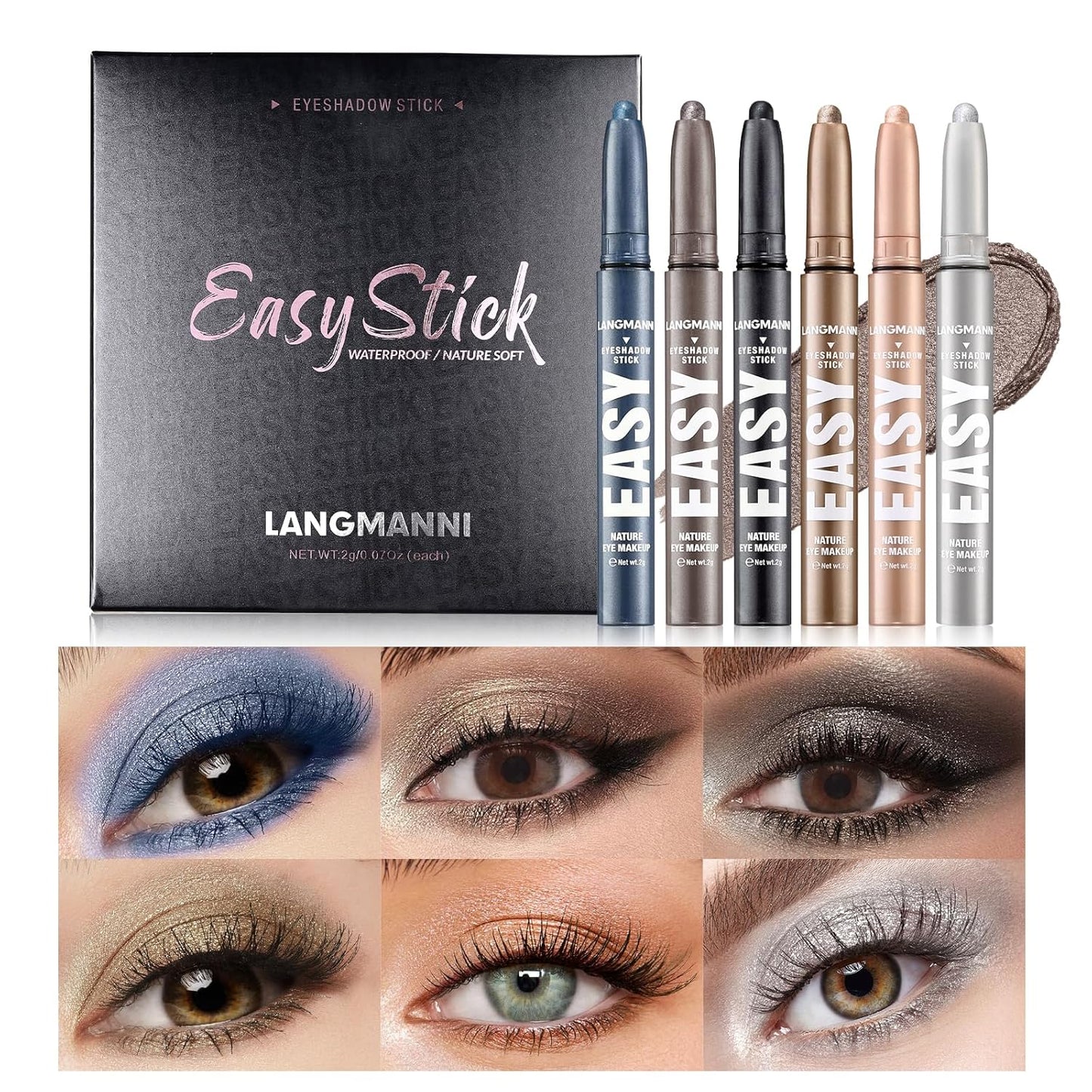 LANGMANNI Eyeshadow Stick, 6 PCS Waterproof Multi-Color Eyeshadow Pen Set, Creamy Long-Lasting Eye Makeup Kit, Natural & Shimmer Shades Contour Stick, Perfect Gifts For Women (#E)