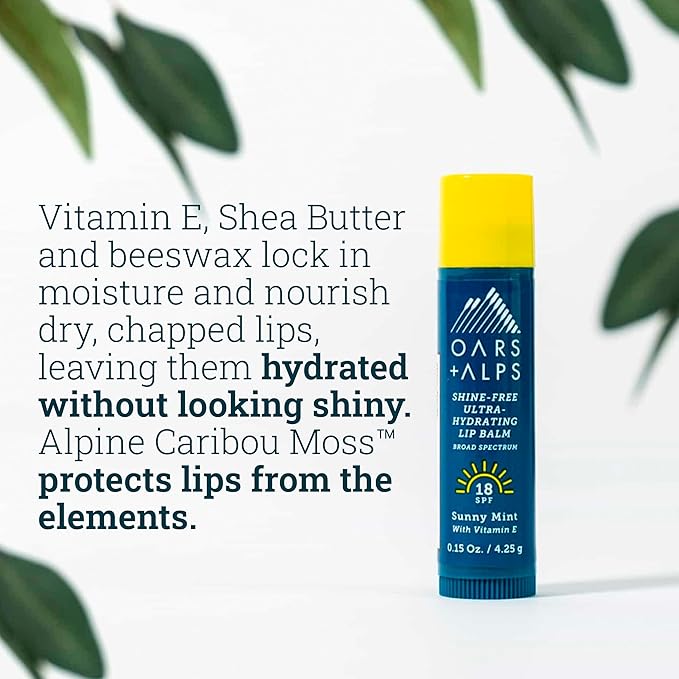 Oars + Alps Lip Suncreen, SPF 18 Lip Balm, Shine Free Sunscreen for Lips, Infused with Vitamin E, Peppermint & Spearmint, Water & Sweat Resistant, Moisturizing, Hydrating, Sunny Mint Scent, 3pk