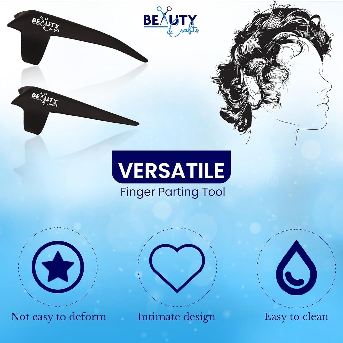 Beauty & Crafts 2PC Pro Hair Parting & Sectioning Rings-Stainless Steel Finger Tool for Precise Hair Styling and Extension Installations - Straight & 1 Curved Ring with Carrying Box (Black)