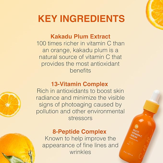 Vitamin C Serum for face with Hyaluronic Acid & Peptide - Glowing, Firming and Reduce wrinkles and Dark spots Hydrating Serum, 60.67% Kakadu Plum Extract, 8-Peptide Complex, 1.85oz