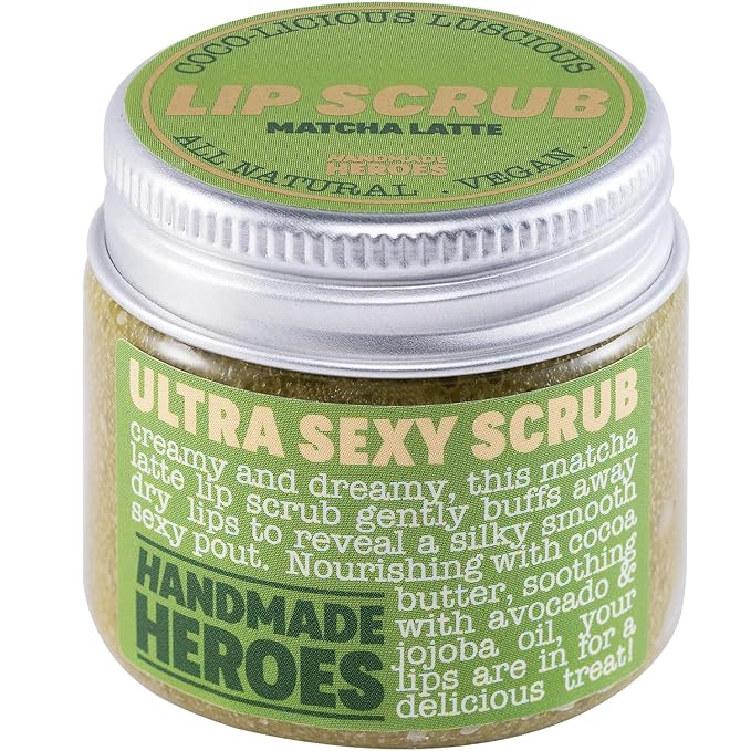 Handmade Heroes Matcha Latte Lip Scrub 1oz 100% Natural Vegan Skin Care Deep Conditioning Lip Scrub for Dry Lips with Jojoba Oil Avocado Oil - Natural Lightening Lip Exfoliator & Lip Plumper
