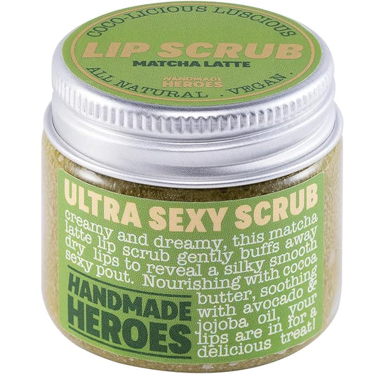 Handmade Heroes Matcha Latte Lip Scrub 1oz 100% Natural Vegan Skin Care Deep Conditioning Lip Scrub for Dry Lips with Jojoba Oil Avocado Oil - Natural Lightening Lip Exfoliator & Lip Plumper