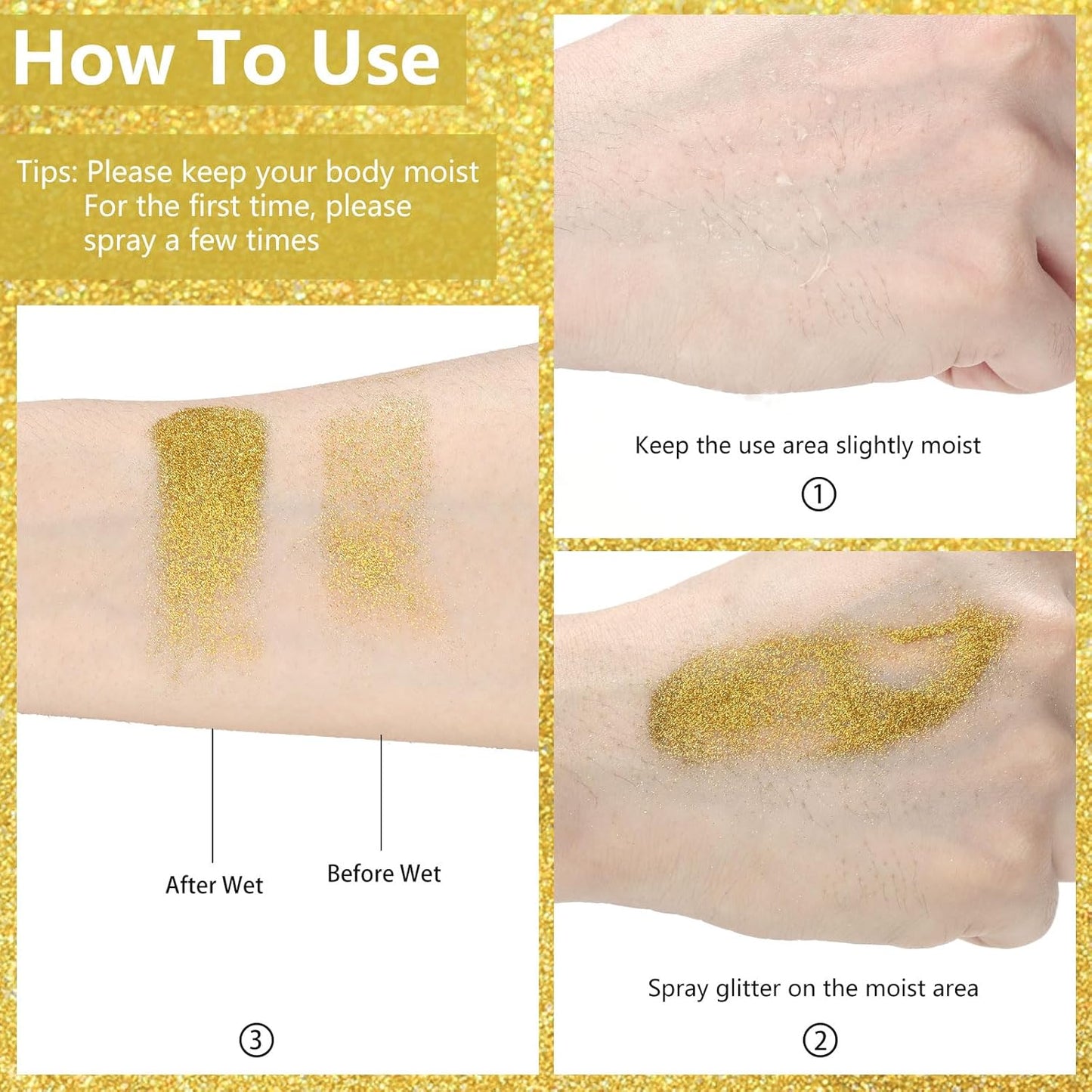 Etercycle Hair Glitter Spray, Gold Body Glitter Extra Fine Face Shimmer Powder, Long-Lasting and Quick-Drying Body Shimmer Sparkly Glitter Gifts for Clothing Stage Festival Rave Prom