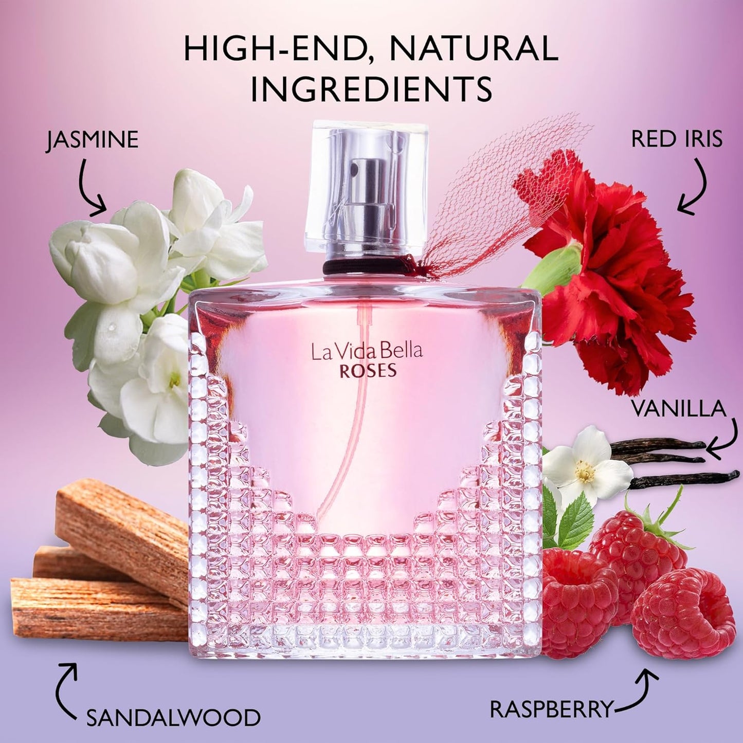 La Vida Bella Roses for Women Eau De Parfum - Floral Amber Fragrance that Combines Top Notes of Raspberry, Pink Pepper & Bergamot - Sugary Rush & Citrusy - Spicy & Rich Aromatic Scent 100ml Bottle