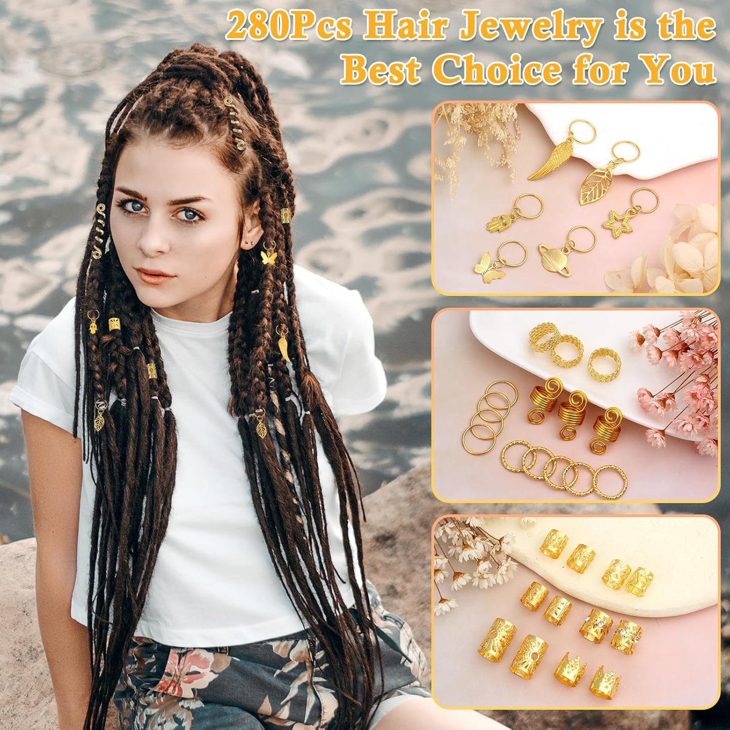 280 Pcs Hair Jewelry for Women, Hair Charms Cuffs Beads for Braids Loc Jewelry for Dreadlocks, Adjustable Gold Braids Coils Rings Decoration for Dreadlock Accessories