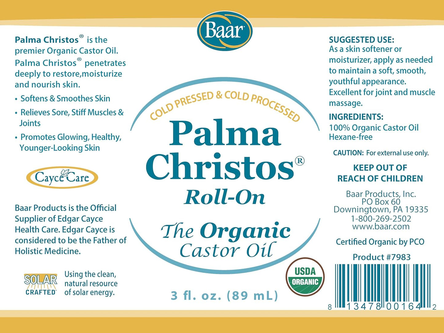 Baar Palma Christos Roll-On, Organic Castor Oil 3 oz (Pack of 2)