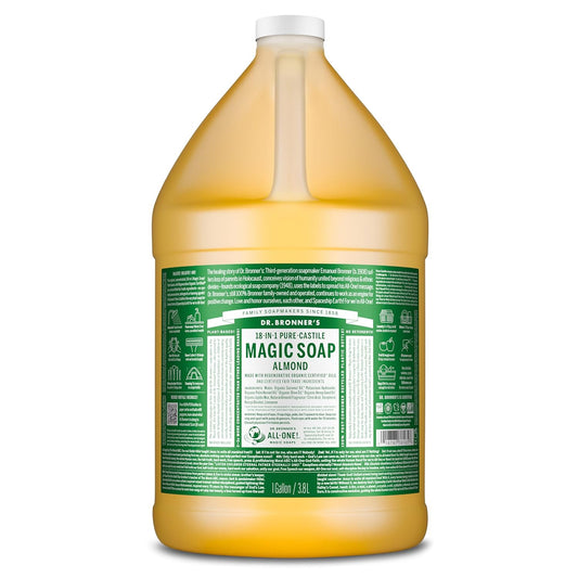 Dr. Bronner's Pure-Castile Magic Soap Liquid (Almond, 1 Gallon) - Made with Regenerative Organic Certified Oils, 18-in-1 Uses: Face, Body, Hair, Laundry, Pets and Dishes, Concentrated, Vegan, Non-GMO