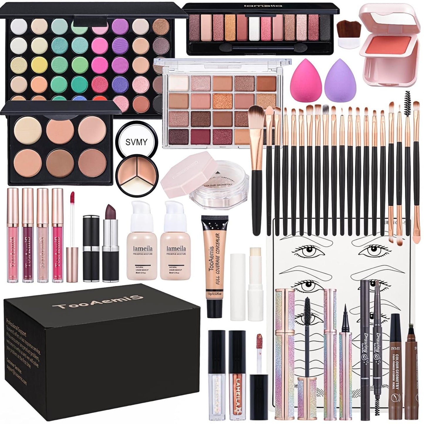 Makeup Set for Women Full Kit Includes, eyeshadow、 liquidfoundation,Loose powder,Eyebrow pencil,Lipstick Eye Pencil Makeup BrushesMakeup practice board 4-color lip gloss set