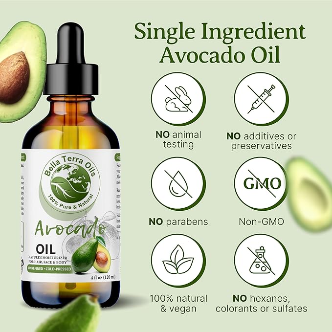 Bella Terra Oils - Avocado Oil 4 oz - Dive into The Purity of Natural Avocado, Abundant in Vitamin K & C, Superior Blend for Essential Oils