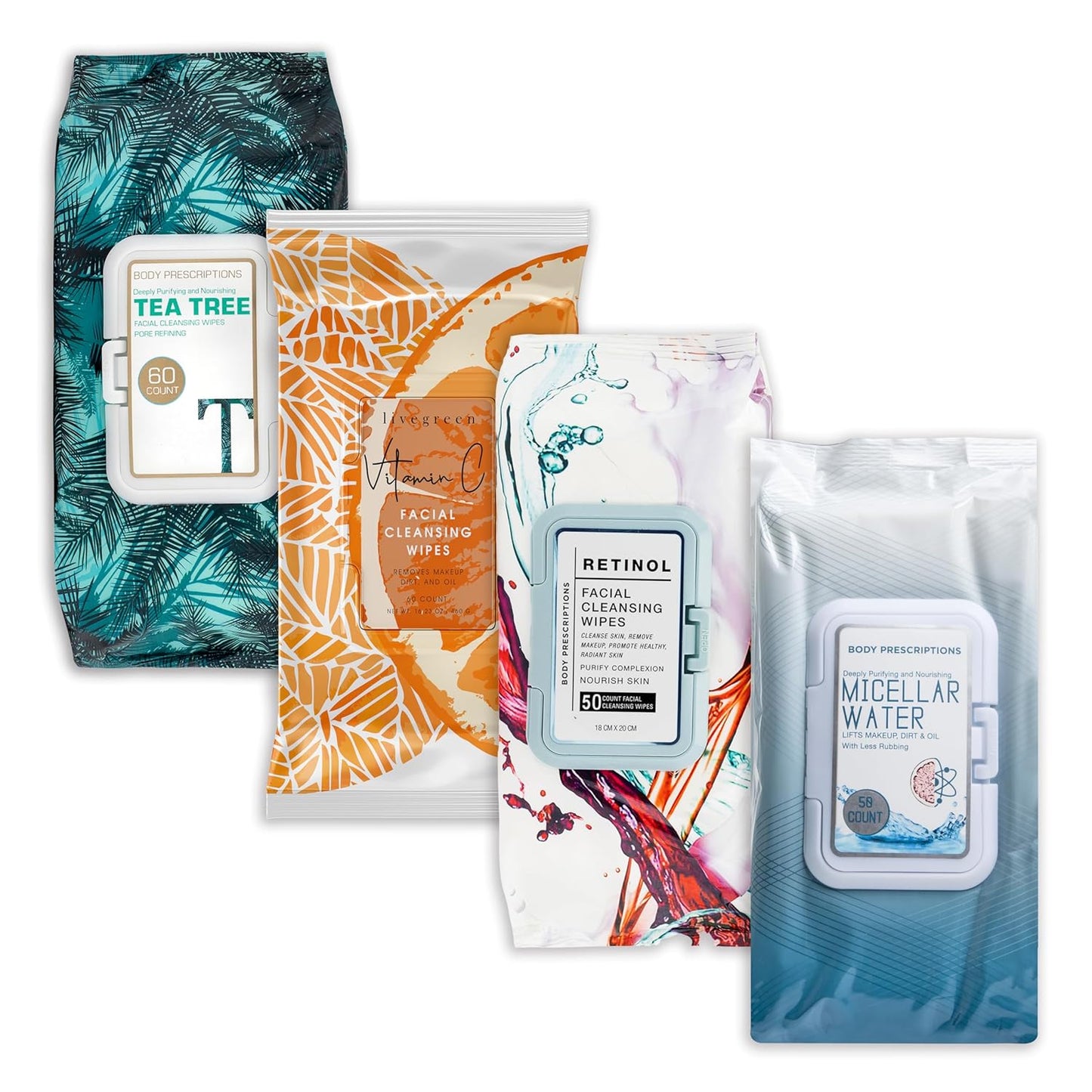 Body Prescription Makeup Cleansing Wipes - Gentle and Effective Face Wipes, 50 Count (Pack of 4), Tea Tree, Retinol, Micellar Water, and Vitamin C