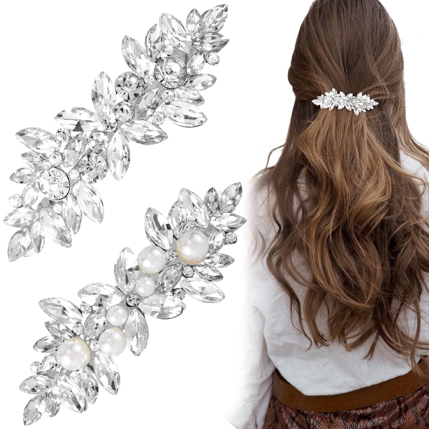 Joez Wonderful 2 Pcs Rhinestone Hair Clips, Silver Bridal Hair Accessories for Women, Sparkly Crystal Hair Pins, Fancy Flower Hair Barrettes for Wedding, Bride, Long Hair
