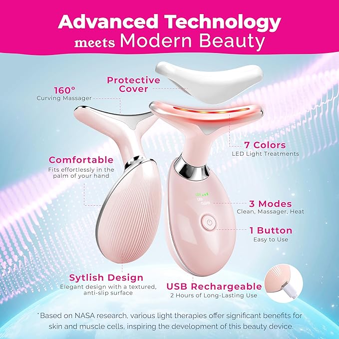 Red Light Therapy for Face & Neck Facial Massager - luminesce 7-in-1 L-E-D Facial Sculptor, True Beauty Glow, Lymphatic Drainage Massager, Double Chin Reducer, Face Lift, Gua Sha Tool, Pink, Biidey