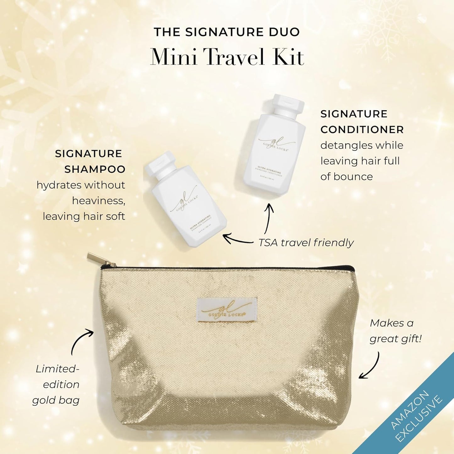 Goldie Locks Shampoo and Conditioner Travel Set - TSA-Approved Hydrating Hair Care Duo with Biotin, Marula Oil & Rose Water – Protein, Sulfate & Paraben-Free in Limited Edition Gold Bag - 3.4 oz each