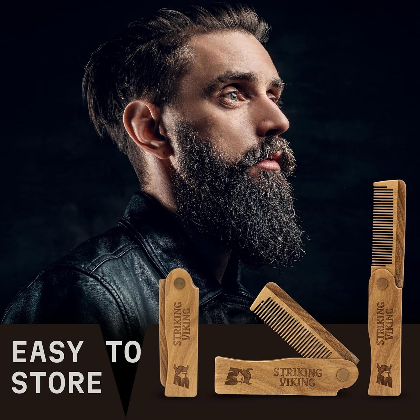 Striking Viking Folding Wooden Comb for Men - Sandalwood Switchblade Beard Comb for Grooming and Styling - Use Dry or With Oils & Balms