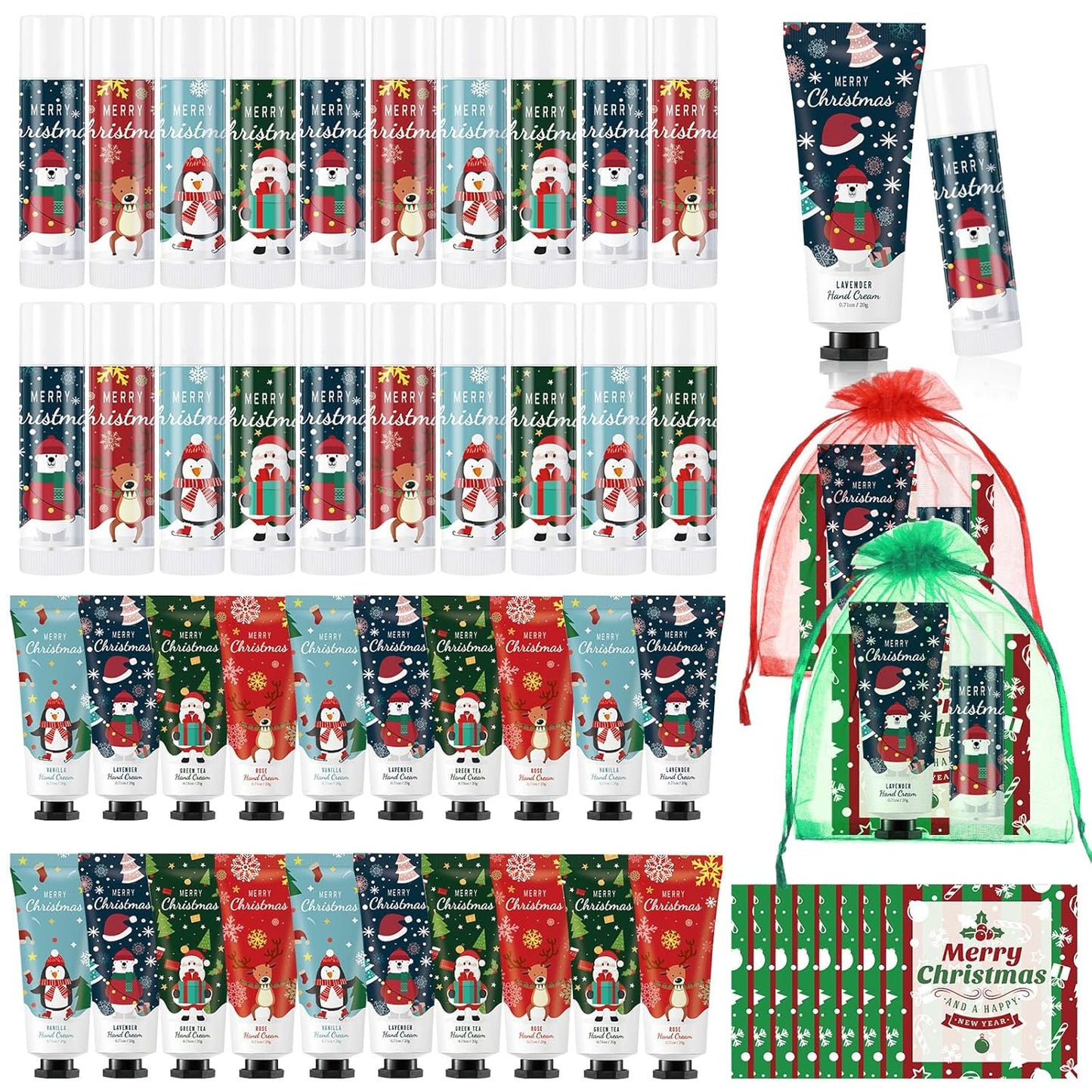 36 Set Christmas Hand Cream Gift Set, Including Moisturizing Christmas Hand Lotion, Xmas Lip Balm, Gauze Bags, Thank You Cards Natural Fragrant Xmas Hand Cream with Lip Balm Christmas Gifts