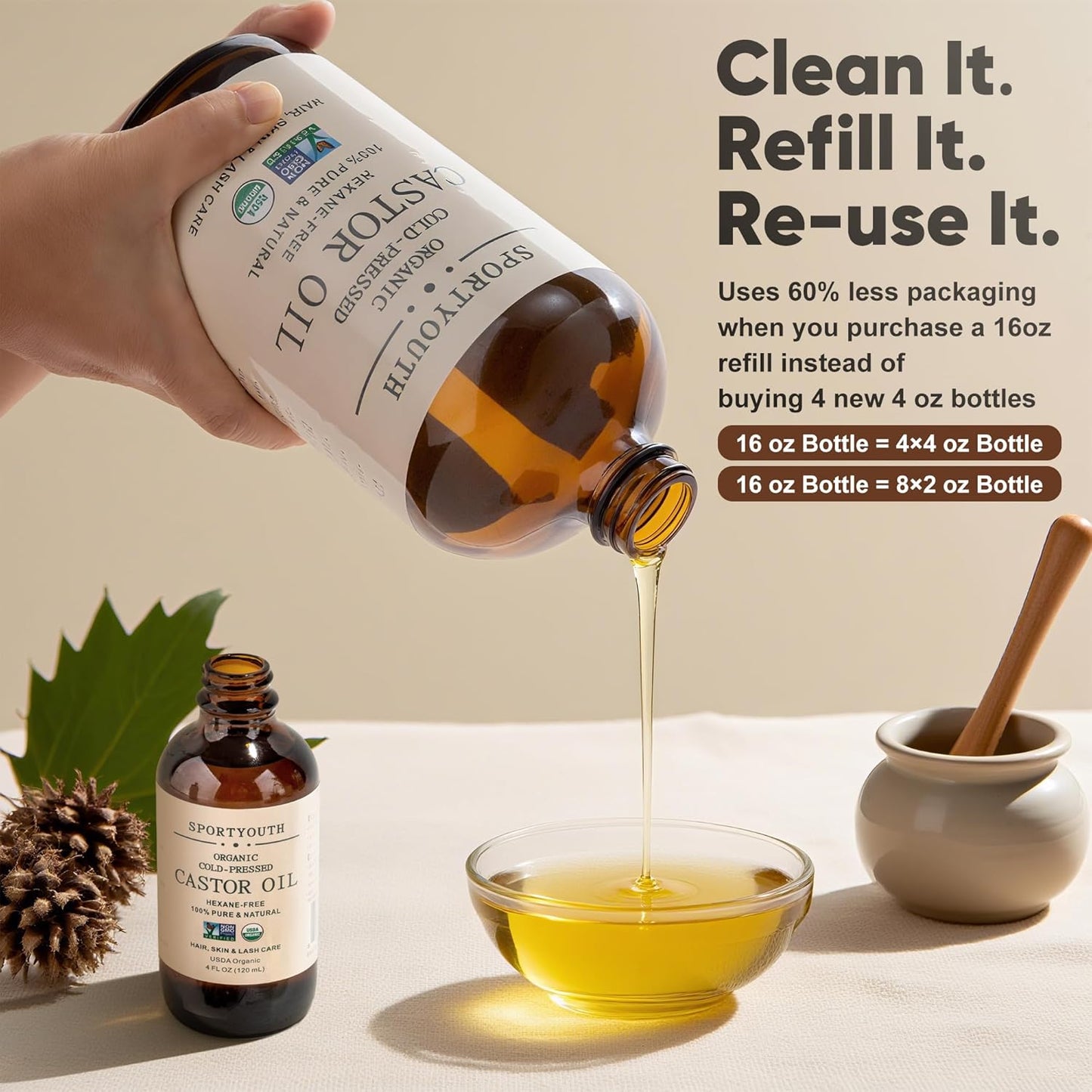 SPORTYOUTH Castor Oil Organic Cold Pressed Hexane Free USDA Certified 100% Pure Unrefined 16 oz Glass Bottle Carrier Oil for Hair Growth, Scalp, Castor Oil Pack, Eyelashes, Brows, Skin, Face, Body