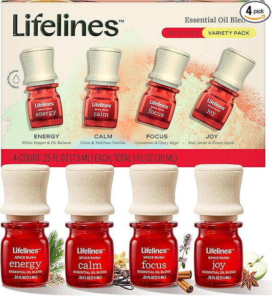 Lifelines Essential Oil Blends, 4-Pack - Blended Essential Oils with Precision Pump for Aromatherapy Diffusers - Long-Lasting Scented Fragrance - Spice Rush (Joy, Calm, Focus & Energy)