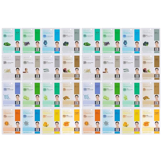 DERMAL 32 Combo Pack Collagen Essence Korean Face Mask - Hydrating & Soothing Facial Mask with Panthenol - Hypoallergenic Self Care Sheet Mask for All Skin Types - Natural Home Spa Treatment Masks