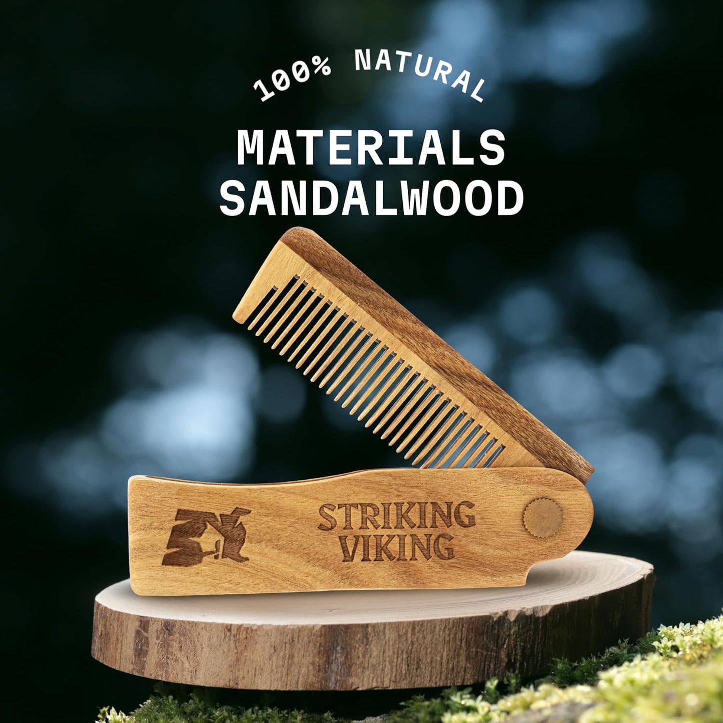Striking Viking Folding Wooden Comb for Men - Sandalwood Switchblade Beard Comb for Grooming and Styling - Use Dry or With Oils & Balms
