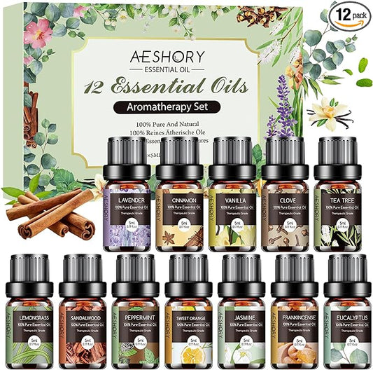 Essential Oils Set - 12 Pcs Aromatherapy Essential Oil Kit for Diffuser, Humidifier, Aromatherapy, Massage, Soap, Candle Making (5mL)