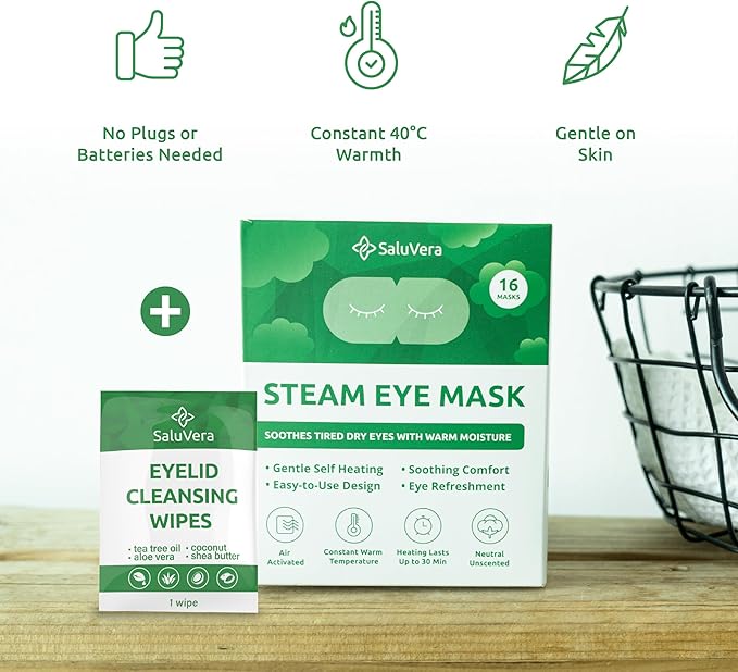 Steam Eye Mask for Dry Eyes with 5 Eyelid Cleansing Wipes, Self Heating Eye Compress for Dry Eyes, Soothe and Relax with 40-50 min Spa Eye Mask, Self Warming Eye Mask for Well-Being 16 pcs