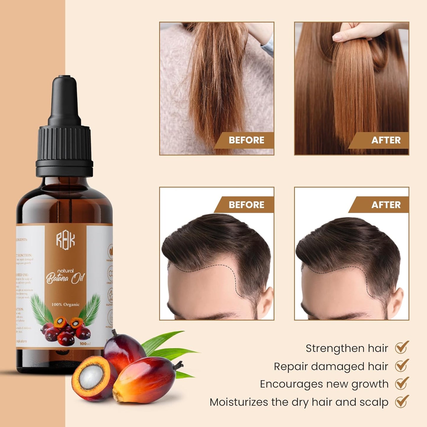 Batana Oil for Hair Growth Natural Scalp Oil for Strengthening, Repairing Damaged Hair, and Encouraging New Growth Pure & Paraben-Free Hair Growth Oil with Easy Dropper Lid and Eyelash kit