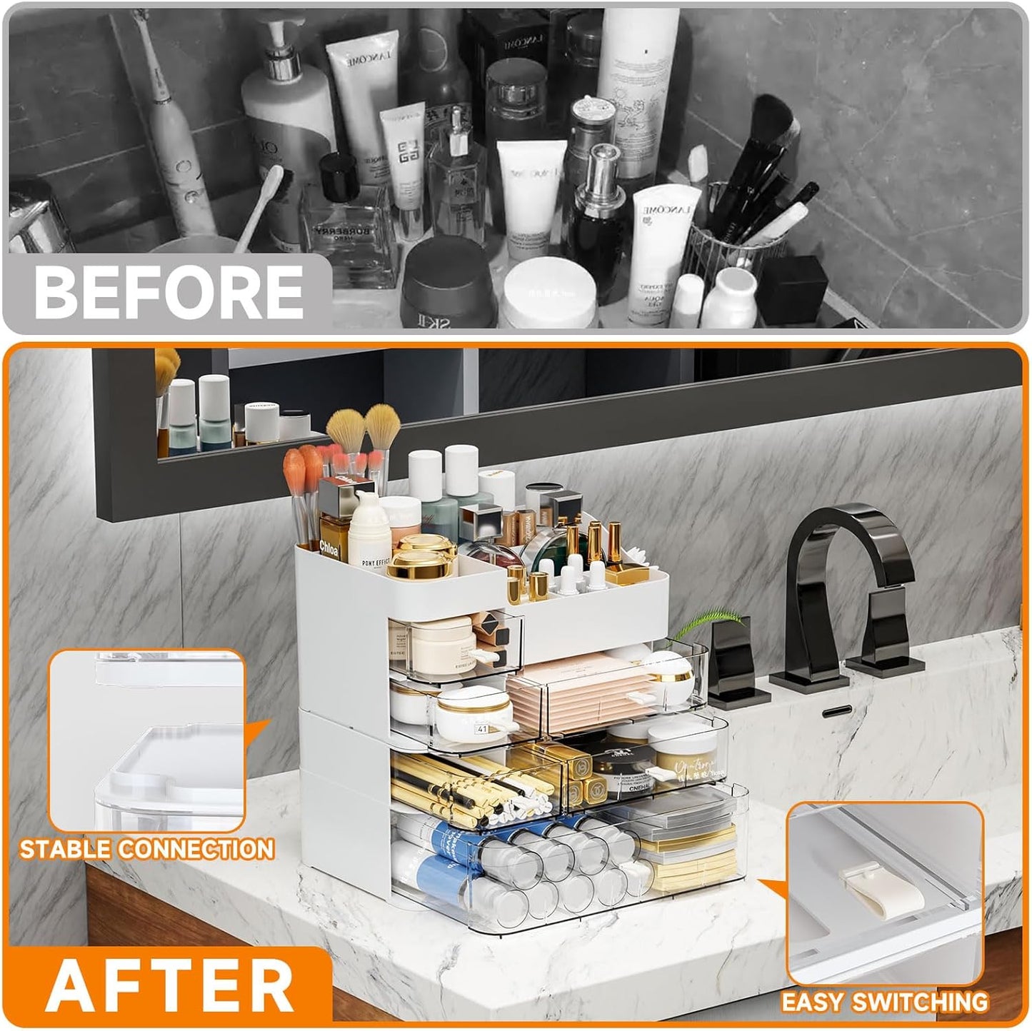 SuoXing Makeup Organizer for Vanity,Large 6 Drawers Make up Organizers for Counter,Plastic Cosmetic Storage Organizer for Dresser Countertop or Bathroom,Beauty Holder for Lipstick,Brush,Skincare,White