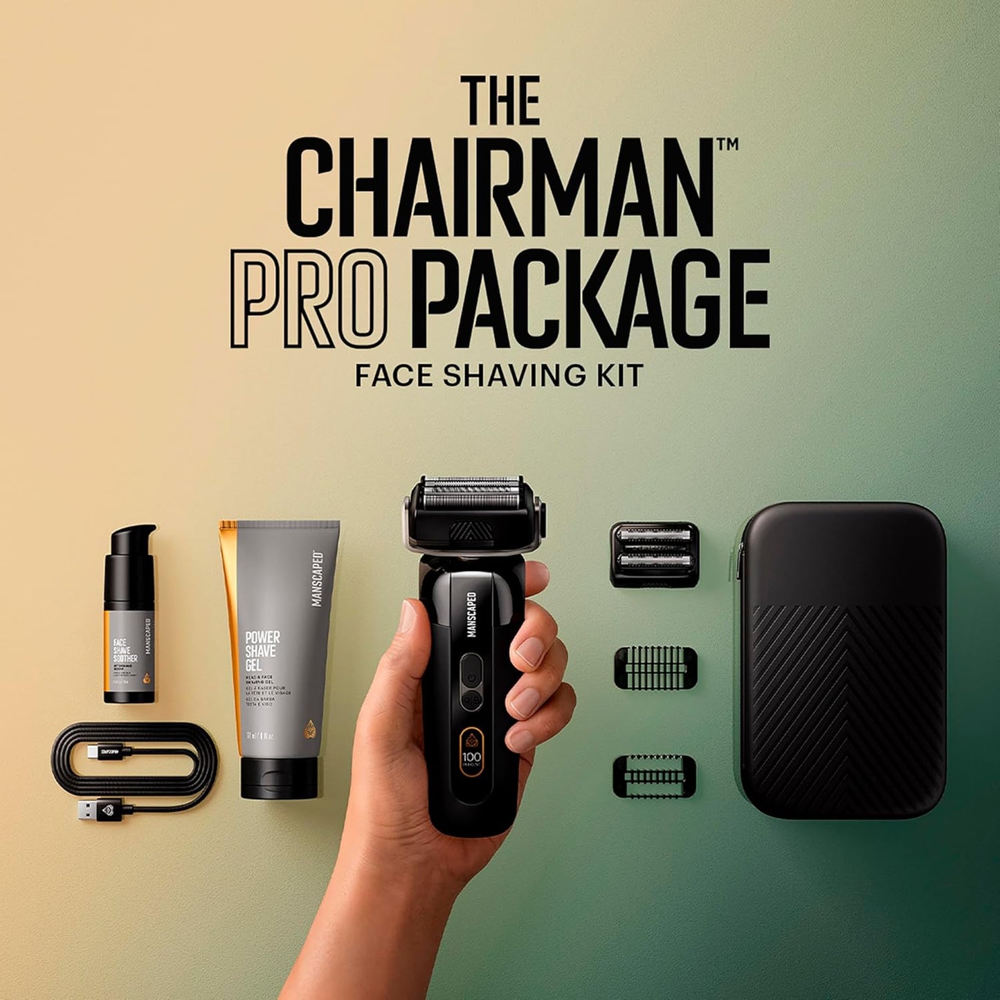 MANSCAPED® The Chairman™ PRO Package - Men’s Electric Face Shaver with Two Interchangeable Blades, SkinSafe® Four-Blade Foil & Stubble Trimmer, Power Shave Gel, Face Shave Soother Aftershave