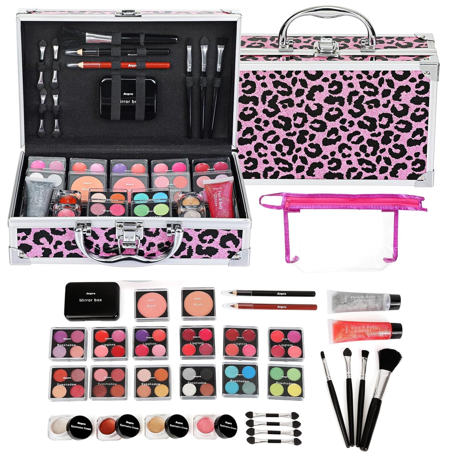 Anpro All-In-One Makeup Carry Case with Pro Teen Makeup Set, Full Starter Cosmetics Kit with Makeup Brushes, Lipsticks, Eye Shadows Palette, Blushes, Glitter Gel-Pink Leopard