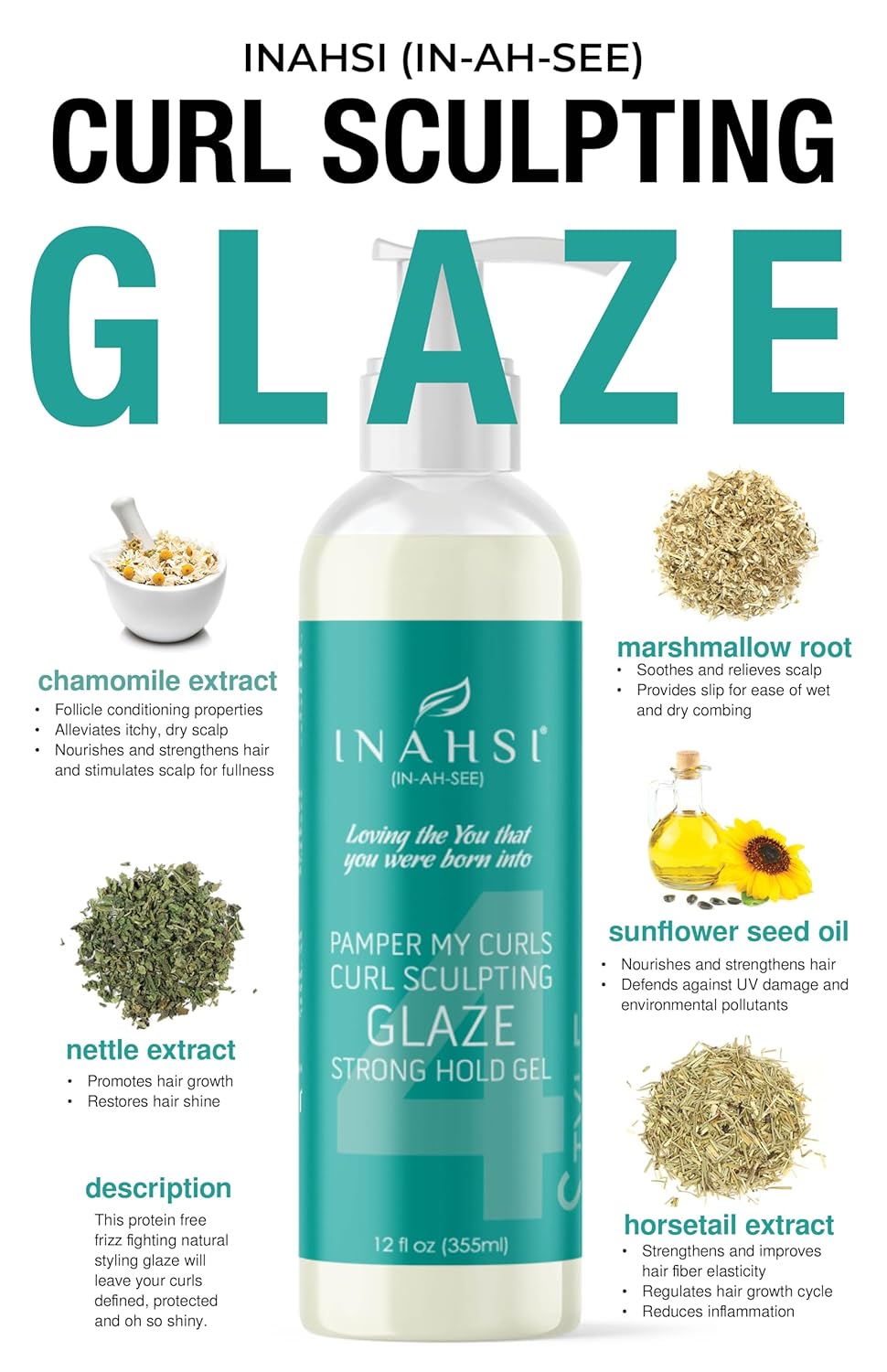 INAHSI Pamper My Curls Curl Sculpting Glaze Strong Hold Gel | Hair Styling Product for Men, Women & Kids with Curly Hair | 12 oz | Made in the USA