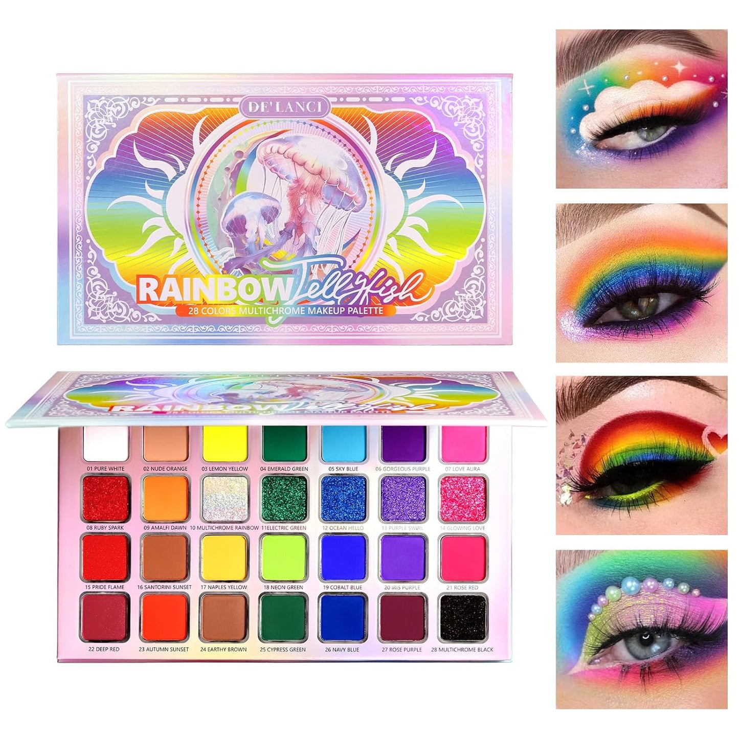 DE'LANCI Rainbow Eyeshadow Palette Colorful Makeup Pallet, Multichrome Bright Neon Eyeshadow Palette, High Pigment Vibrant Face Paint Rainbow Iridescent Makeup Long Lasting Daily Festival Goth FX Look