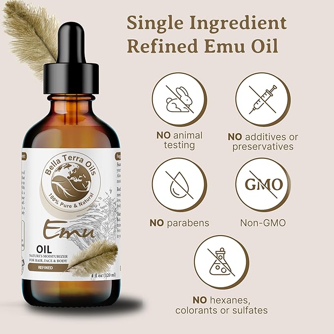 Bella Terra Oils - Emu Oil 4oz - The Ultimate Australian Emu Elixir, Packed with Essential Fatty Acids and Vitamins, Timeless Beauty's Secret Ingredient