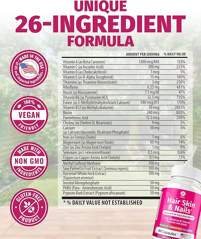 1 Body Hair Skin and Nails Vitamins with Biotin – Contains 26 Vitamins, Minerals and Herb Extracts – Hair and Nail Growth, Glowing Skin Supplements Formula for Men and Women – 60 Vegan Capsules