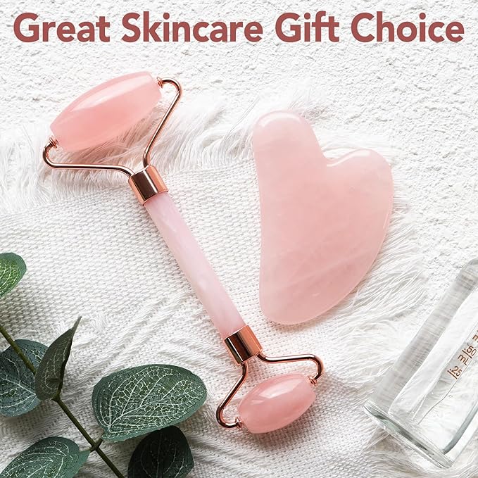 huefull Face Massager Rose Quartz Face Roller & Gua Sha Facial Tool Set, Muscle Tension Relief, Skin Care Gifts for Woman/Men, Self Care Gifts