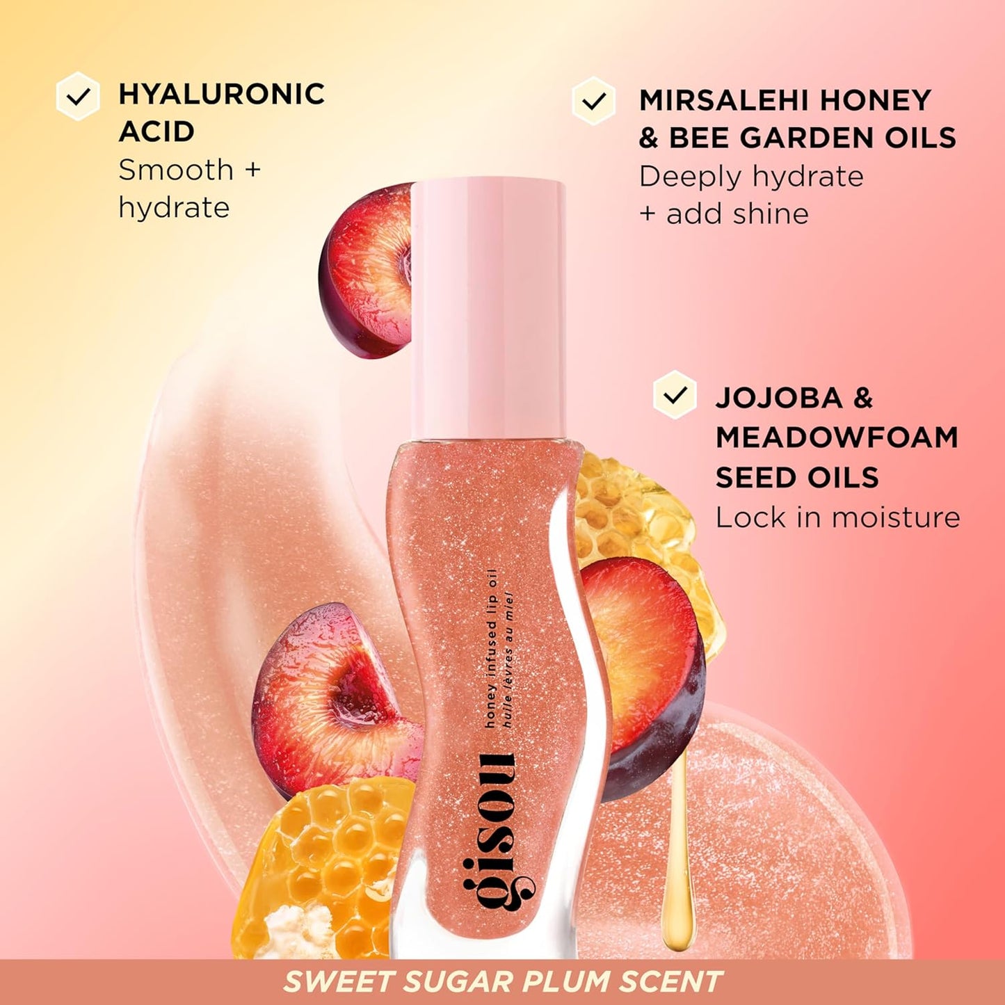 Gisou Honey Infused Hydrating Lip Oil, Nourishing Lip Moisturizer for Dry Lips, 0.27 fl oz (Glazed Plum)