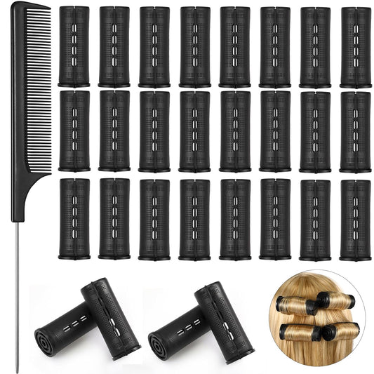 24 Pieces Hair Perm Rods Plastic Cold Wave Perming Curlers Hair Rollers with Steel Pintail Comb Rat Tail Comb Tools for Hairdressing Styling(Black,1.18 Inches)